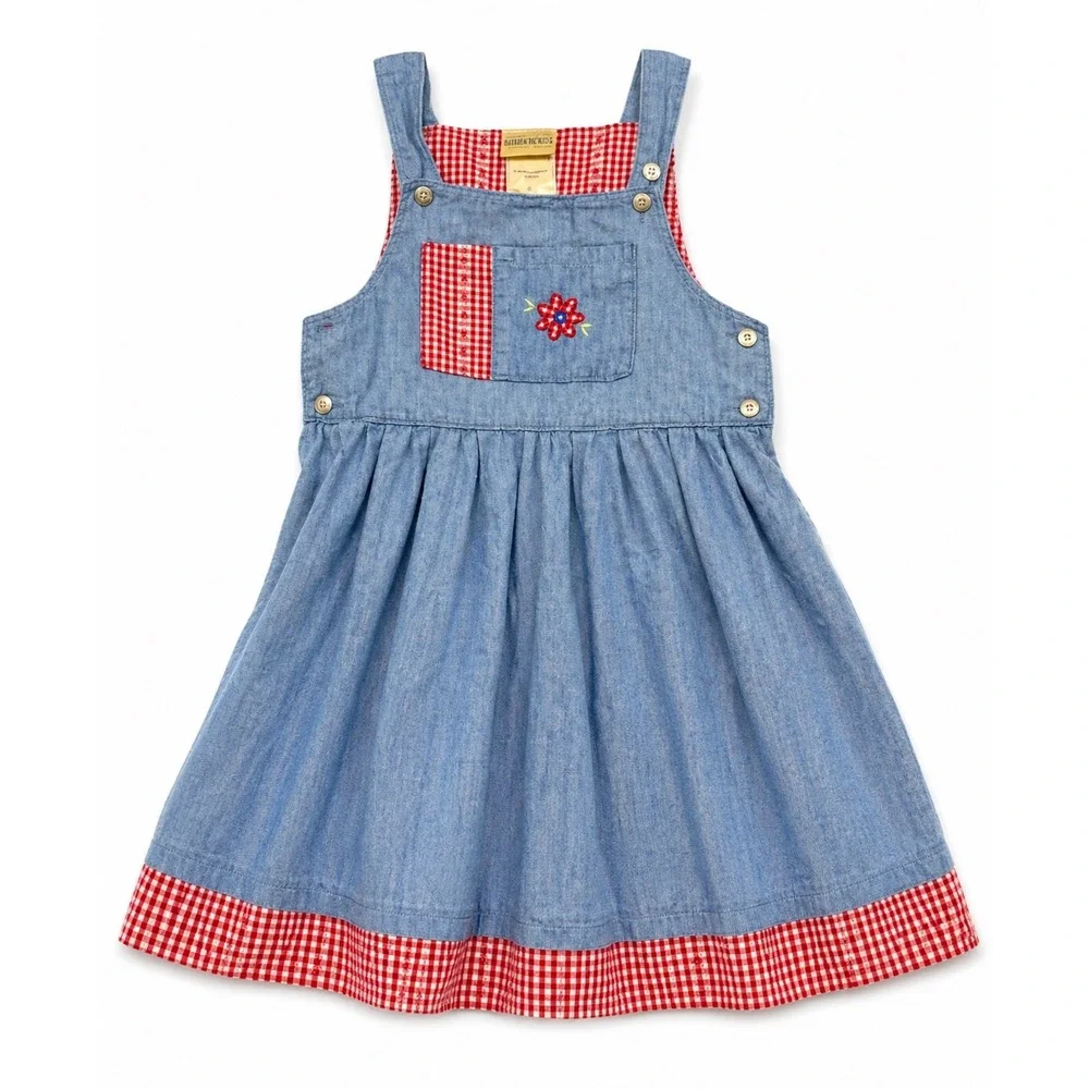 Laura Ashley Mother & Child Vintage Gingham Chambray Pinafore Dress Kids 5 Years